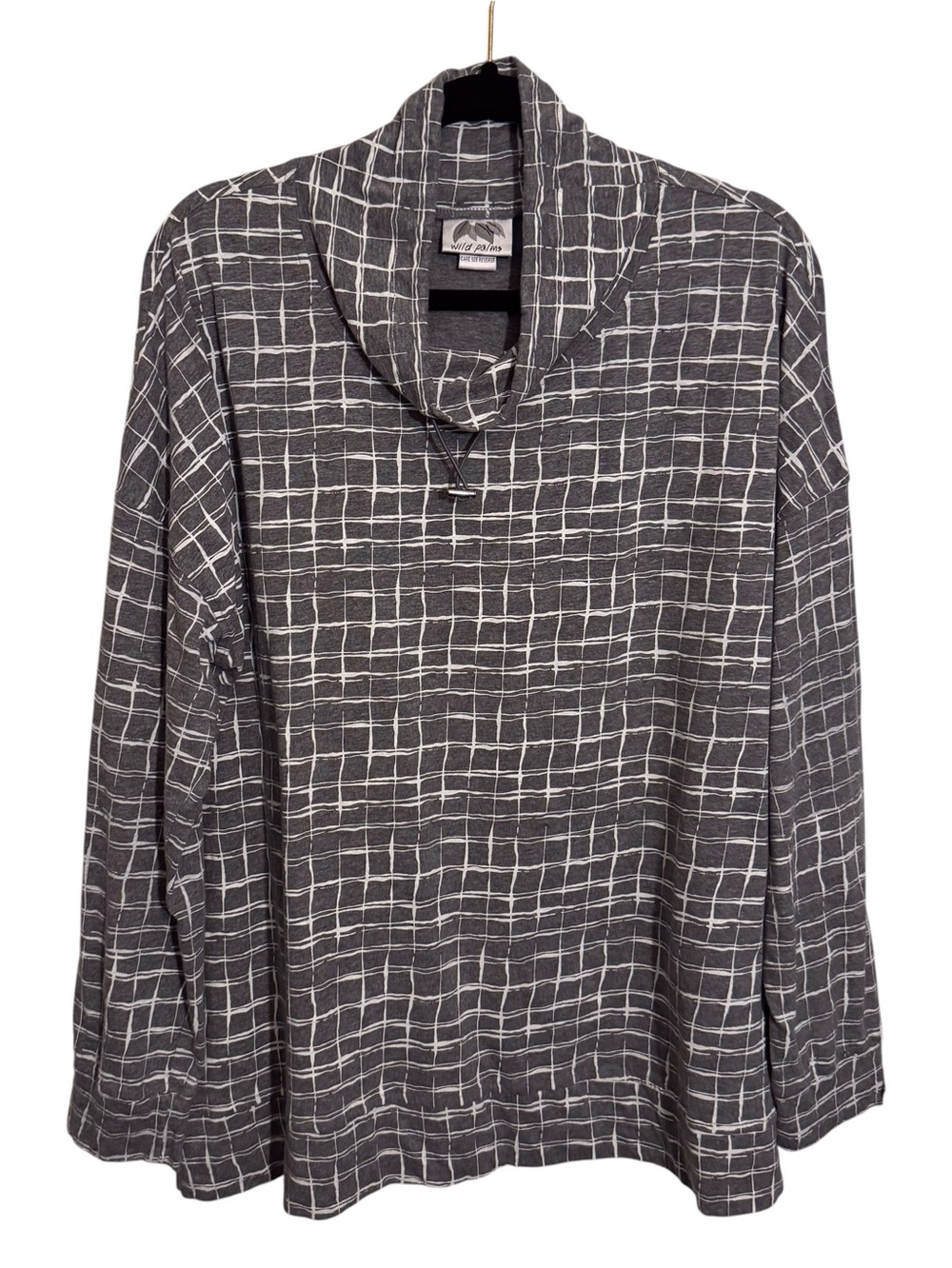 Wild Palms Size X-Large Gray White Cowl Drawstring Grid Top Cotton Lagenlook